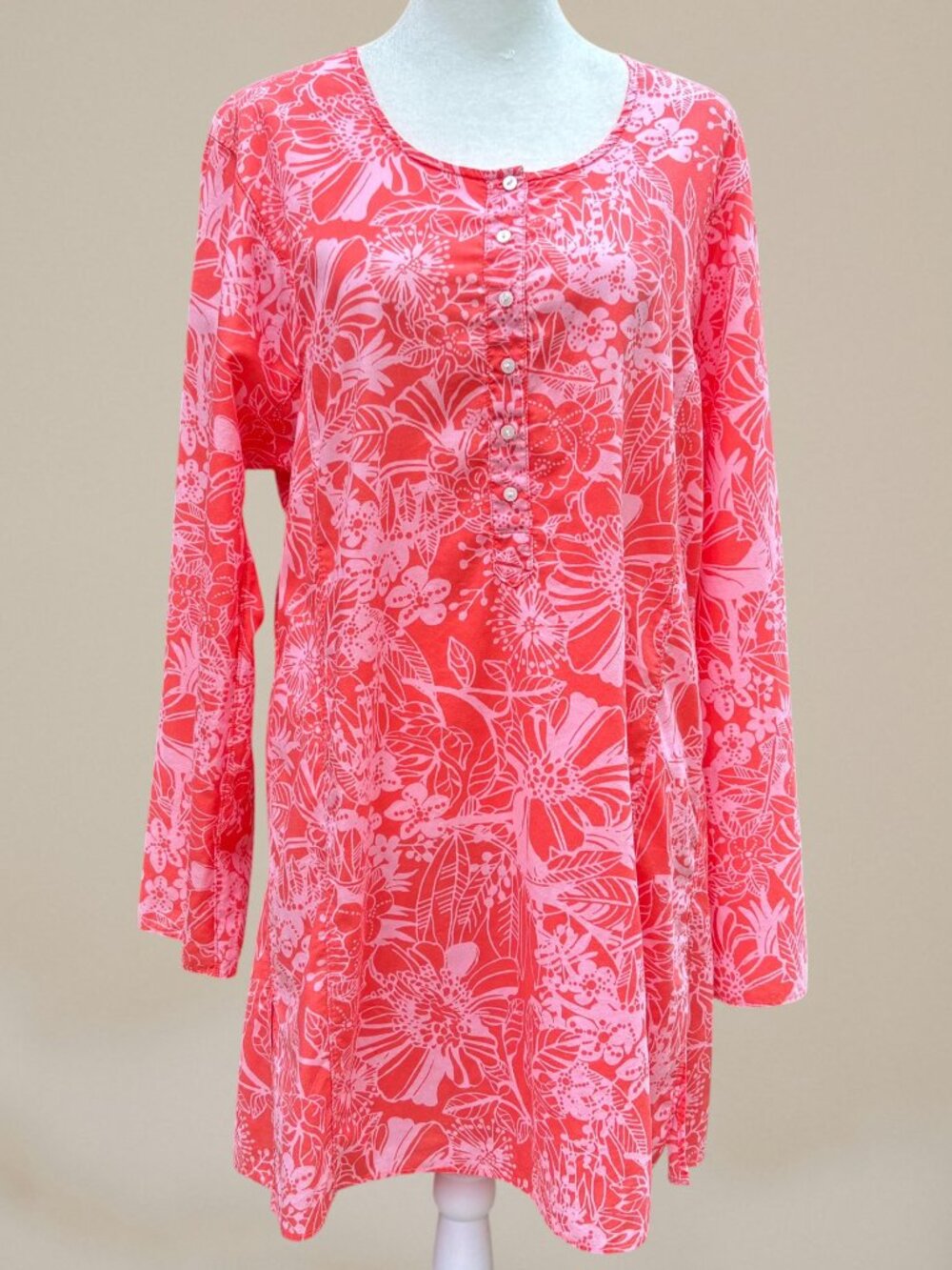 J.Crew Floral Tunic Top Peach Pink Cotton Long Sleeve Resort Wear Coastal (Sz M)